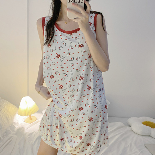 Korean hellokitty cute mid-length nightgown for women summer loose girl Hello Kitty sundress pajamas for outer wear