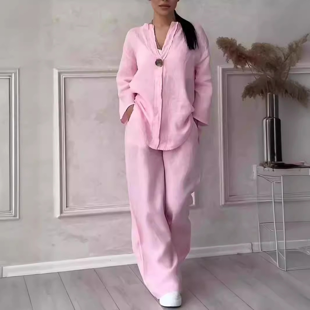 Ensemble décontracté femme en coton et lin avec pantalon large_voghion.com