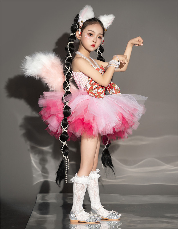 Kids Event Party jazz dance fox cosplay dresses pink tutu skirt Model show  catwalk Stage performance cosplay cute fox sweet outfits for children