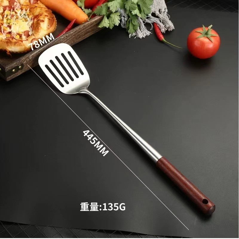Paleta de acero inoxidable, mango de madera largo, pala de cocina, pala de chef, cuchara de cocina, utensilios de cocina domésticos resistentes a altas temperaturas y a las escaldaduras