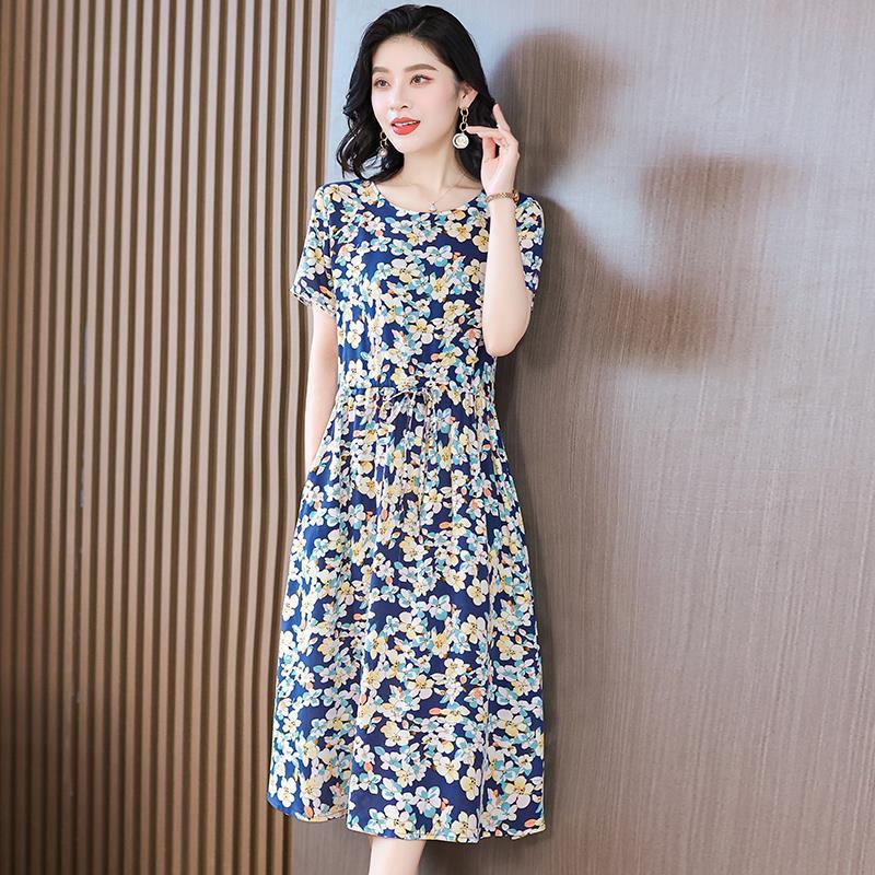 新しい中高年向け綿シルクワンピース、夏用半袖、若い中年のお母さん向け花柄ワンピース、上品な外見|undefined