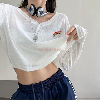 t恤白色夏季薄款短款女宽松上衣微透罩衫防晒长袖爵士舞上衣白色