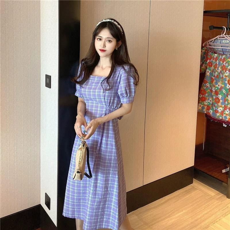 Лето 2023, новая французская юбка в стиле ретро, элегантная клетчатая юбка средней длины с квадратным воротником и талией, с короткими рукавами для женщин