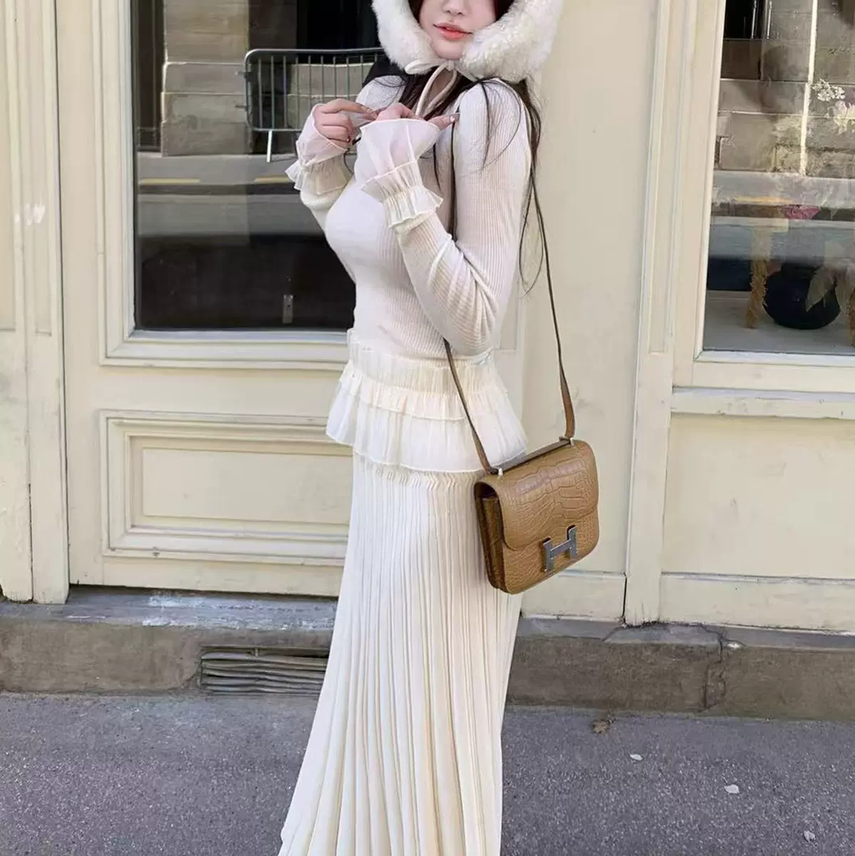 冬日内搭组 荷叶边花瓣袖羊毛上衣针织衫秋冬长款半身裙秋季套装