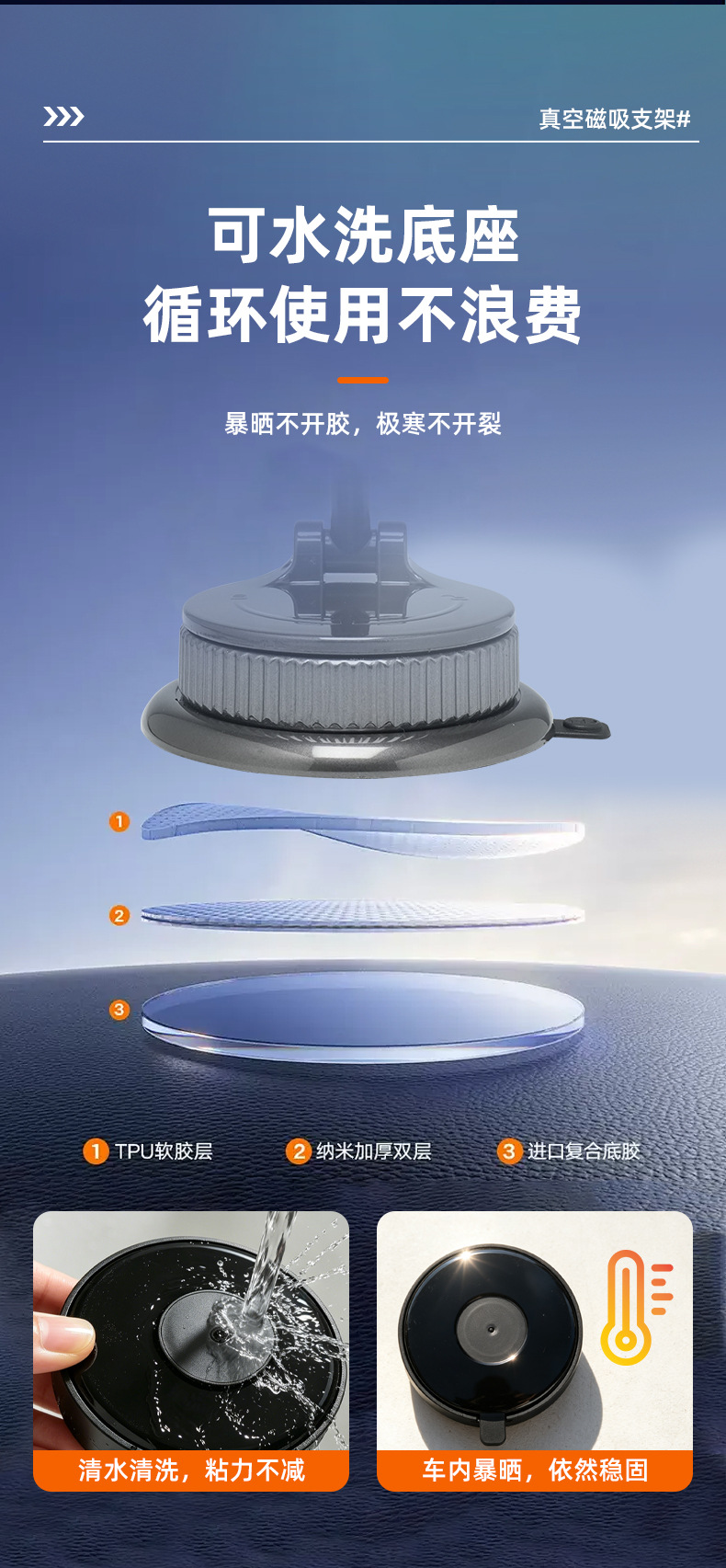 Double-sided magnetic phone holder with large suction cup, zinc alloy magnetic car vacuum suction navigation stand