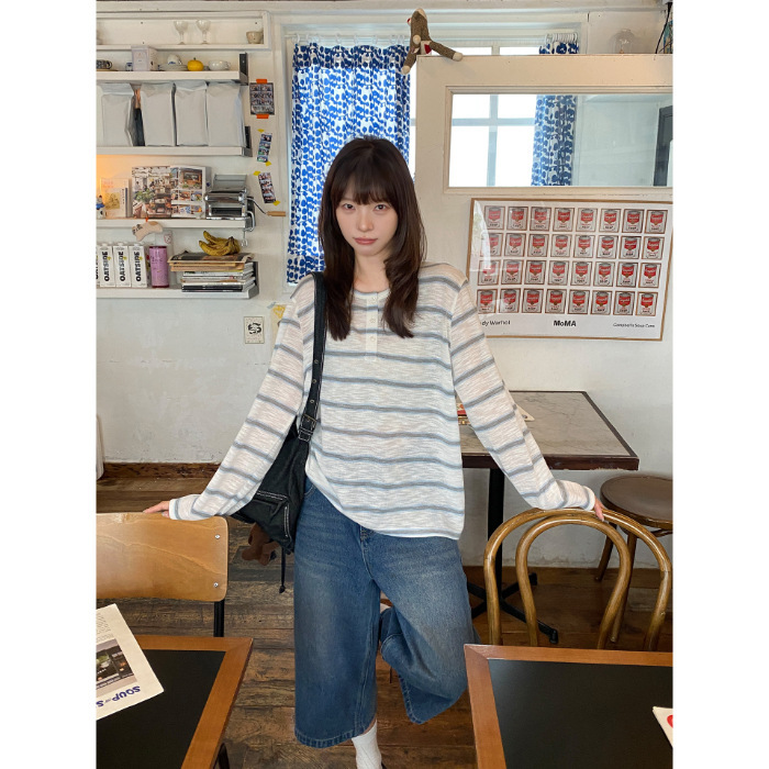薄款条纹罩衫女夏2025新款慵懒风宽松长袖上衣百搭设计感复古时尚|undefined
