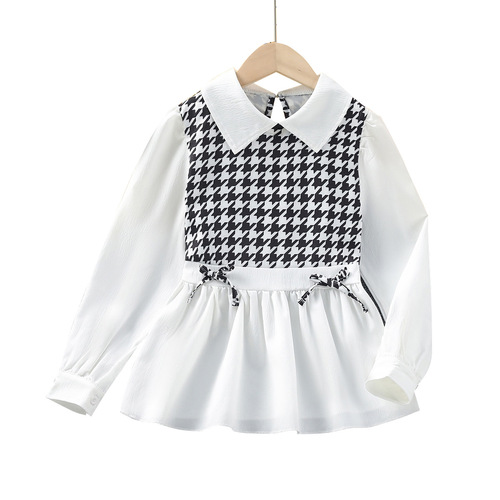 Children's crew neck sweater 2024 spring import and export style houndstooth patchwork two-piece girl's T-shirt European and American color-matched children's clothing
