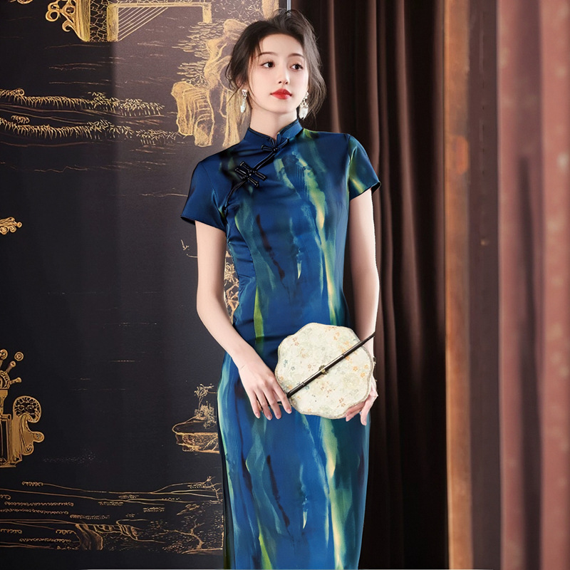 반팔 롱 치파오 [류윤치] - 다크블루