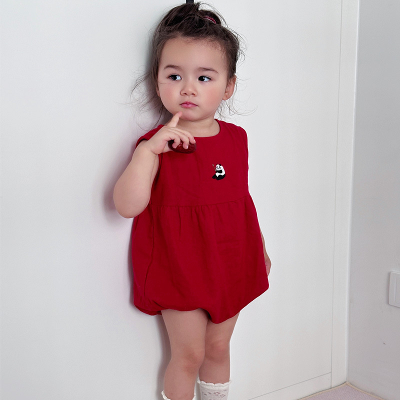 26 Spring/Summer Infant Cotton Linen Panda Embroidery Romper Birthday Cute Unisex Baby Sleeveless Onesie