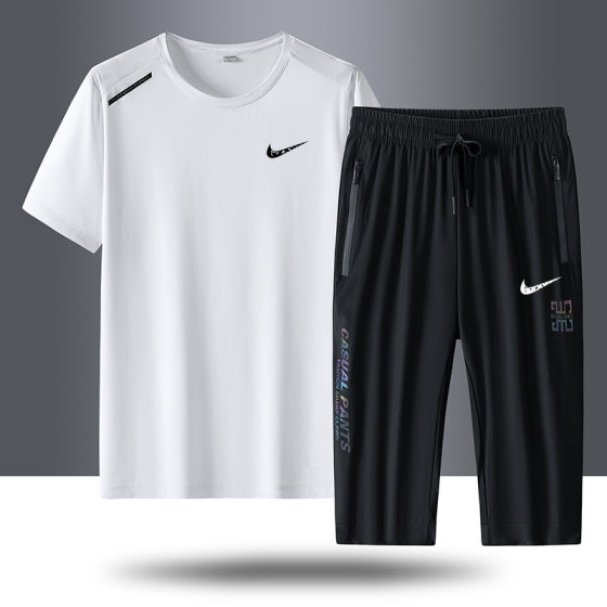 Men's Running Quick-drying Sports Ice Silk suit Men's Summer Quick-drying Shorts Short-sleeved Sports Pants Capri Pants