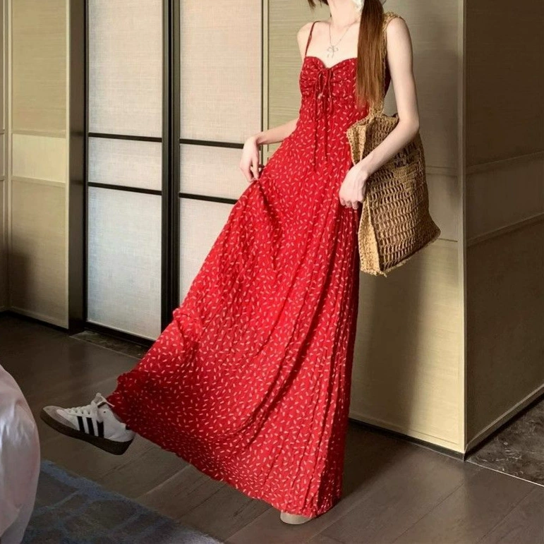 Ретро цветочная юбка красное платье женская летняя пряная девушка юбка акра юбка подтяжка праздничный ветер пляж длинное платье