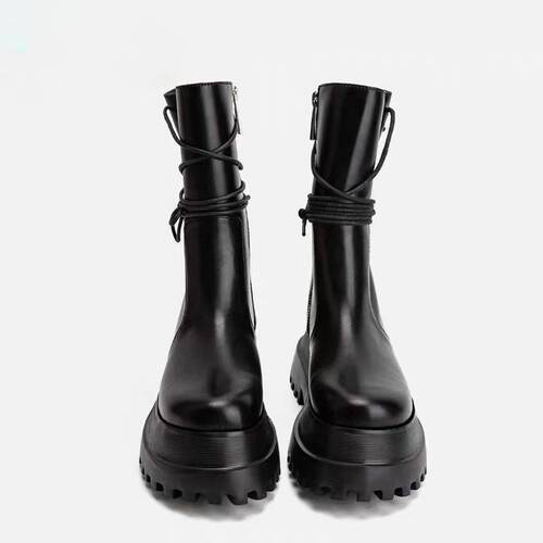 Women's Thick-soled Martin Boots Black Autumn New Short Boots Side Zipper Knight Boots Back Lacing Mid-calf Boots