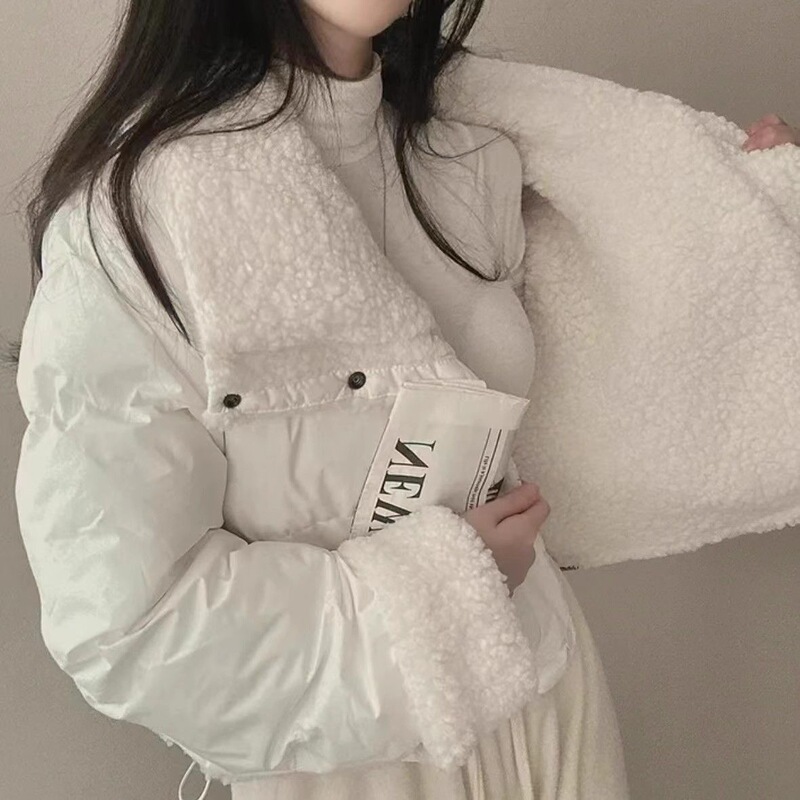 双面穿羊羔毛棉服女短款翻领外套韩版仿宽松长袖面包服外搭棉衣冬|undefined