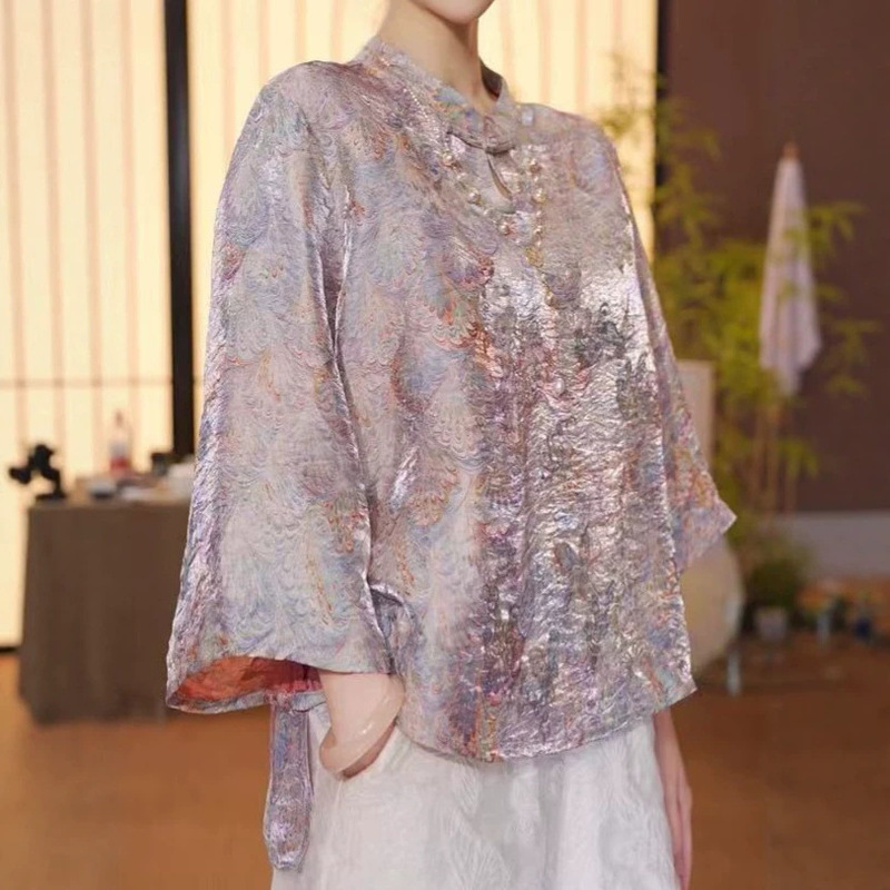 New Chinese-Style Versatile Shirt for Women with Retro Stand Collar, Loose Fit, Slimming Top, Spring and Summer New T-Shirt New Chinese-Style Versatile Shirt for Women with Retro Stand Collar, Loose Fit, Slimming Top, Spring and Summer New T-Shirt