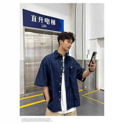 2025 Summer Men's Loose Denim Short Sleeve Shirt Cool Style High-end Casual Shirt Top Men's Fashion Outerwear
