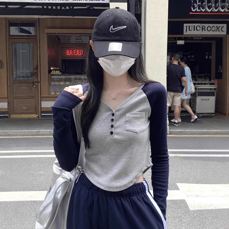 韩系小个子v领长袖T恤女装秋季新款撞色插肩修身内搭正肩短款上衣|undefined