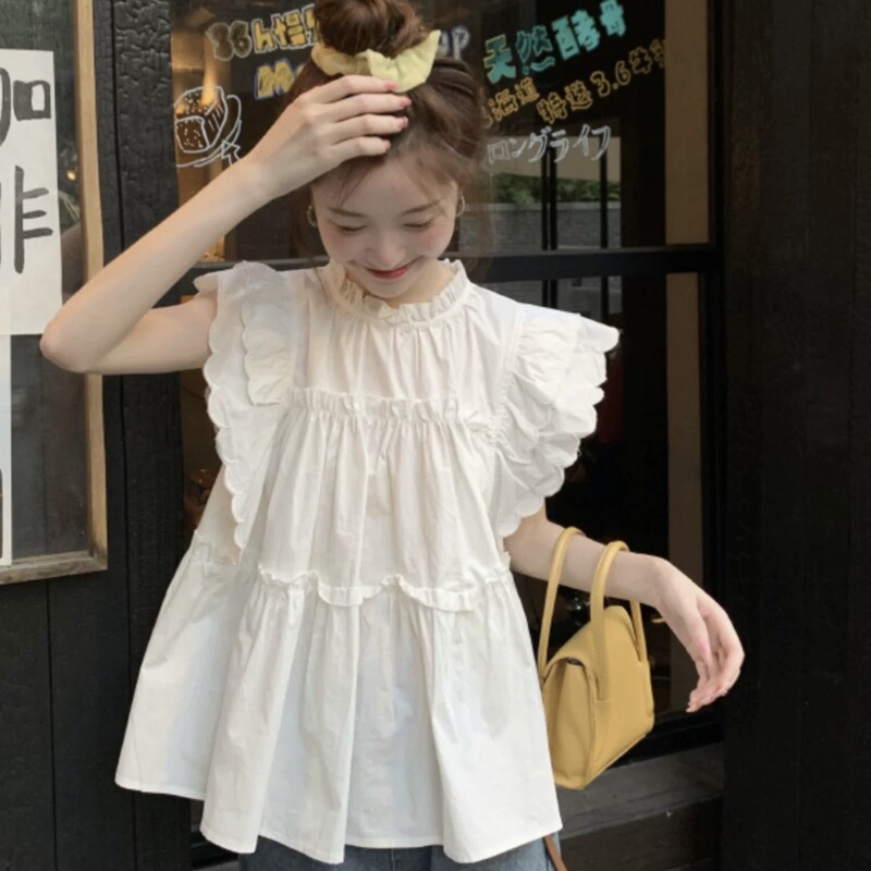 French Ruffle Collar Shirt Women's Spring and Summer New Elegant Sweet Doll Shirt Loose Chic Sleeveless Top