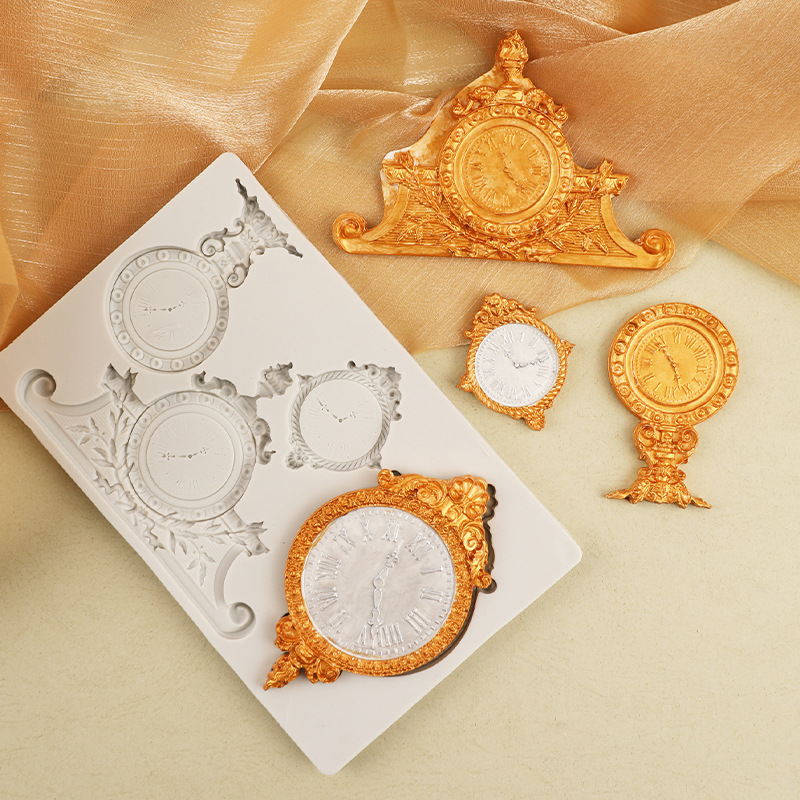 Reloj en relieve retro de estilo europeo, forma de reloj de péndulo, molde de silicona, reloj de bolsillo, chocolate, fondant, molde decorativo, piedra, plástico, pegamento