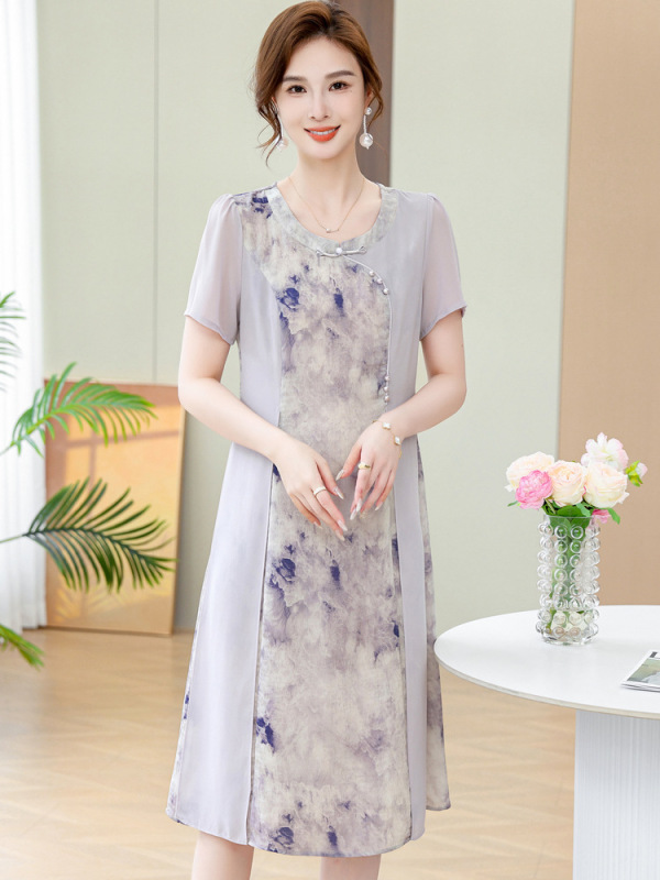 新款气质中老年夏季国风长款连衣裙子新中式妈妈夏装女减龄连衣裙|undefined