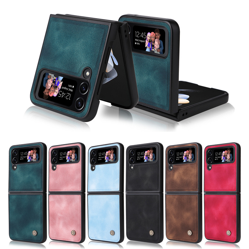 For Samsung Galaxy Z Flip4 Foldable Skin Feeling Leather Phone Case ZFold3 Vintage Card Case