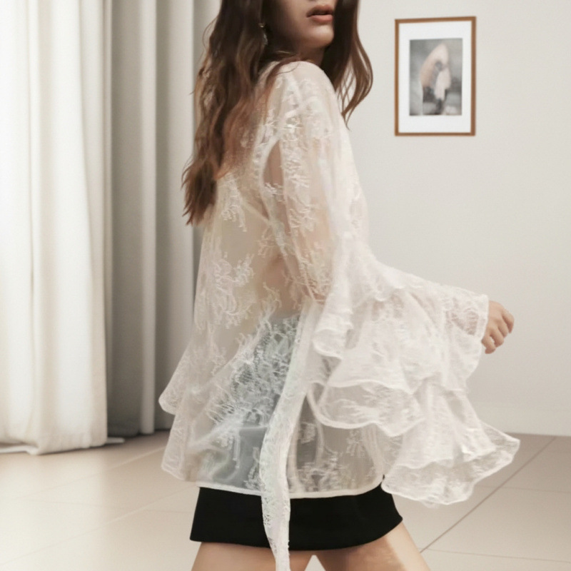2026 Summer New Casual Fashion Designer Lace Patchwork Thin Shirt with a Feminine Touch and Pure Allure Ribbon Top