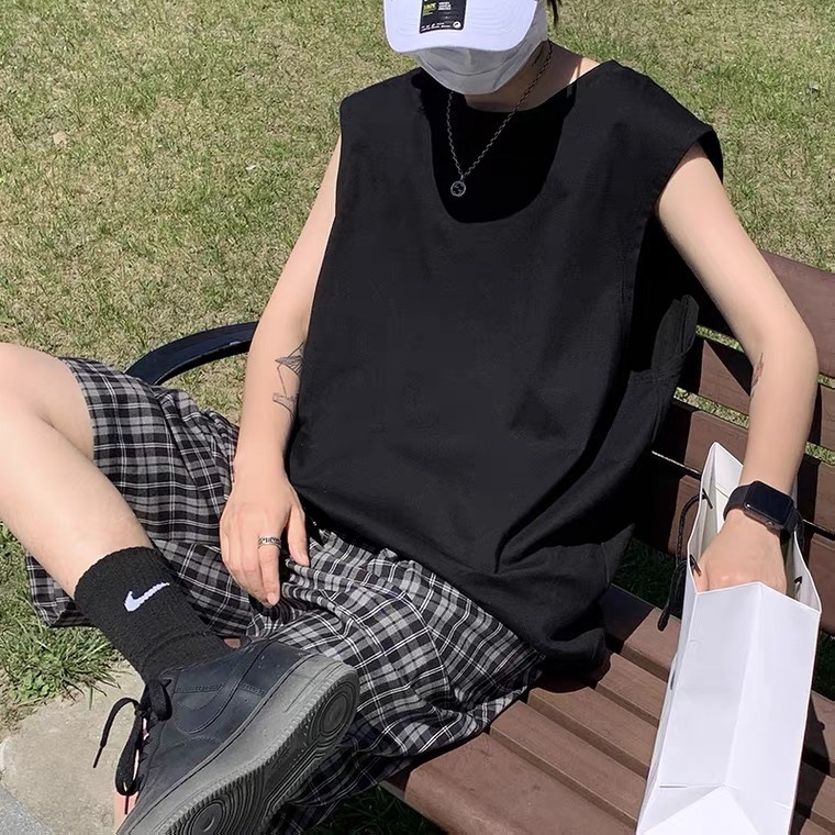 ノースリーブチョッキ男性夏潮牌高街純綿フィットネス運動カンタン服底白半袖tシャツ|undefined