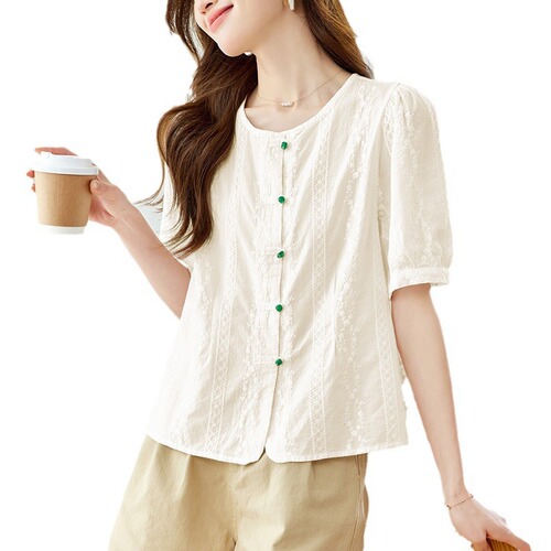 Cotton Cocoon Short Sleeve Jade Button Embroidered Women's Summer Thin Commuting Unique Niche Small Women's Top