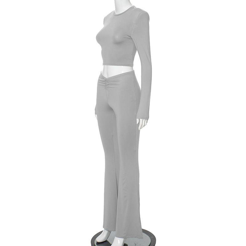 Women Clothing Summer Solid Color Padded Shoulder Long Sleeve Top High Waist Trousers Set