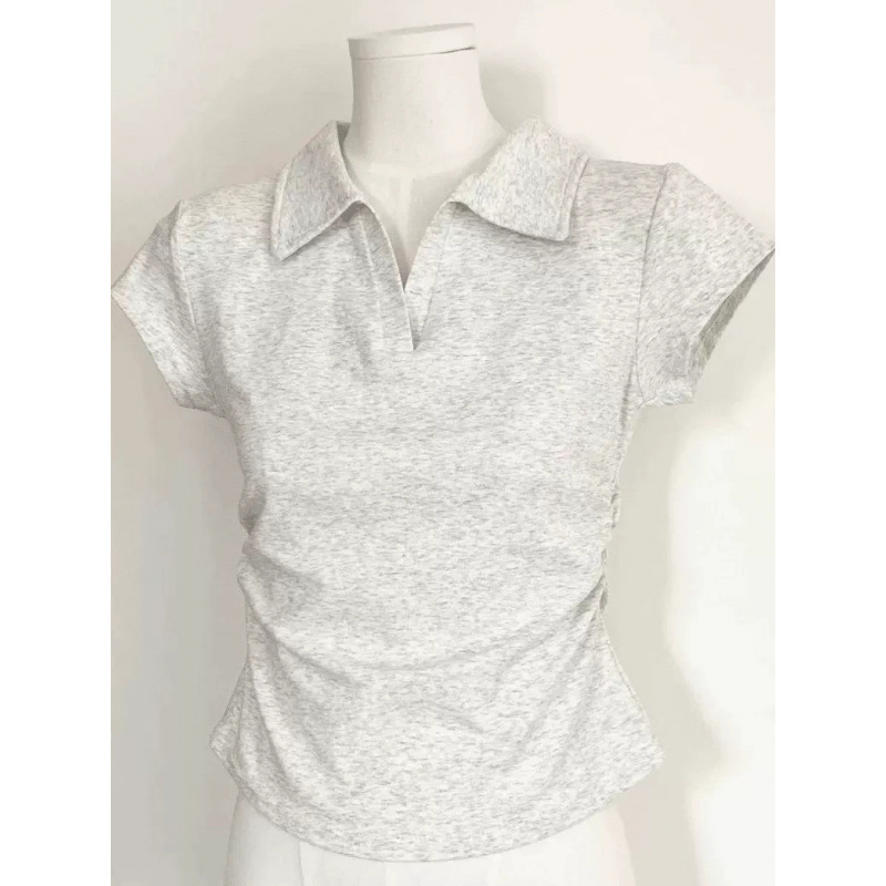 Designed Waist-Cinching Polo Collar Right Shoulder Short-Sleeved T-Shirt for Women Summer V-Neck Slim Pleated Short Top