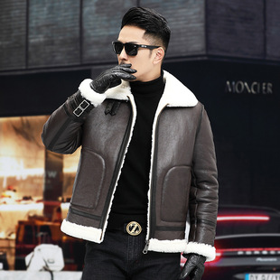 Original Ecological Genuine Fur One-Piece Men's Air Force Flight Jacket Fleece-Lined Thickeneded Genuine Leather Lapel Jacket to Heattech