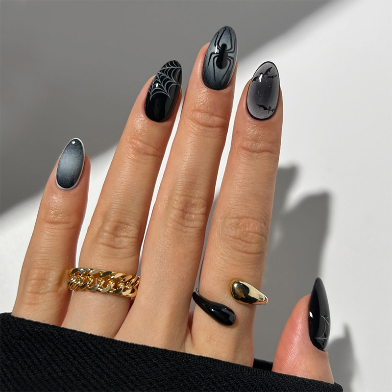 Cross-Border Halloween Dark Style Wearable Nails Black and Gray Gradient Spider Bat Manicure Nails Removable Finished Nails