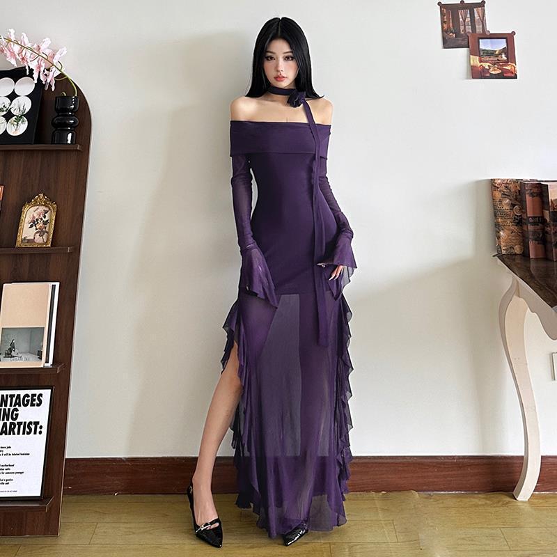 New Chinese Style One-Shoulder Mesh Long-Sleeved Dress for Women Summer Sexy Slim Fit Hip-Hugging Fishtail Dress Cheongsam Long Skirt New Chinese Style One-Shoulder Mesh Long-Sleeved Dress for Women Summer Sexy Slim Fit Hip-Hugging Fishtail Dress Cheongsam Long Skirt