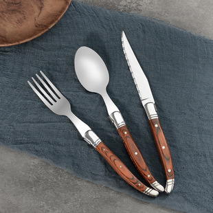 Steak Knife, Fork and Spoon Set Stainless Steel Western Knife Tableware Kitchen Supplies High Red Wooden Handle Steak Knife Teaspoon