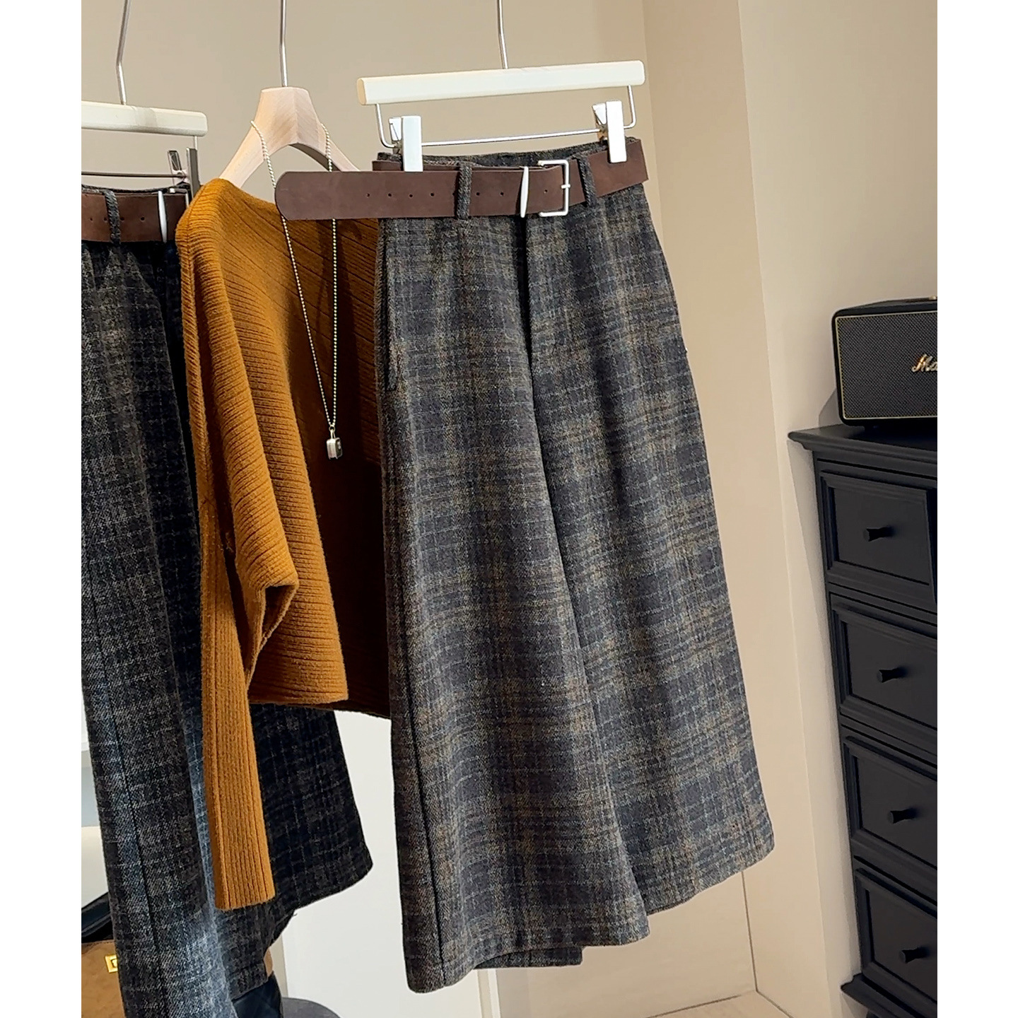 复古毛呢格子高腰休闲裤女2025秋冬季新款宽松显瘦百搭八分阔腿裤