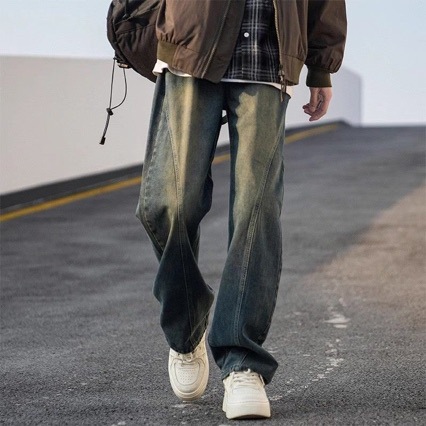 American Retro Washed Distressed Scimitar Jeans for Men in Spring, Autumn and Summer Thin Loose Straight Wide-Leg Boys' Pants