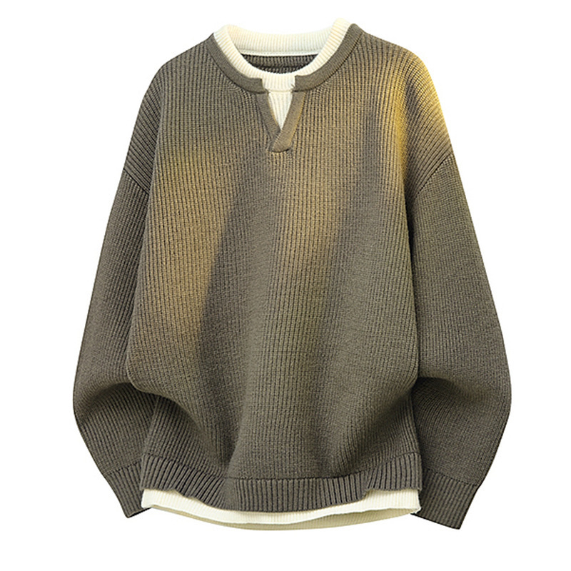 Explosiones transfronterizas de tamaño grande europeo falso dos piezas de costura camiseta de punto suéter hombre cuello V viejo viento otoño invierno fábrica al por mayor