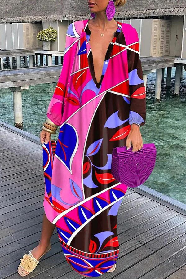 Women's printed pullover long sleeve long skirt V-neck swing loose dress_mkmklike.com