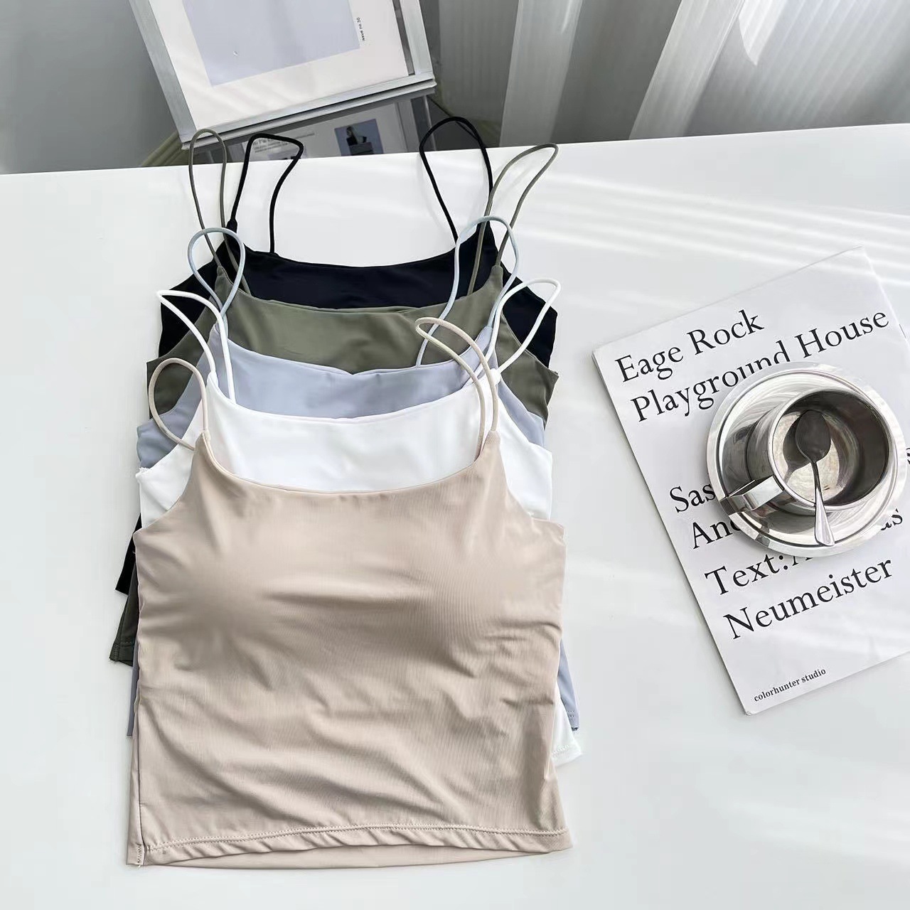 Ice Silk New Sexy Thin Sling Vest with Chest Pad Inner Wearing Outer Wearing Solid Color Beautiful Back Tube Top Chic Slim Look Top