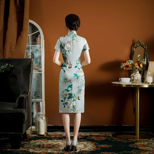 Chinese Dresses for women oriental green floral qipao dresses retro traditional cheongsam dress long
