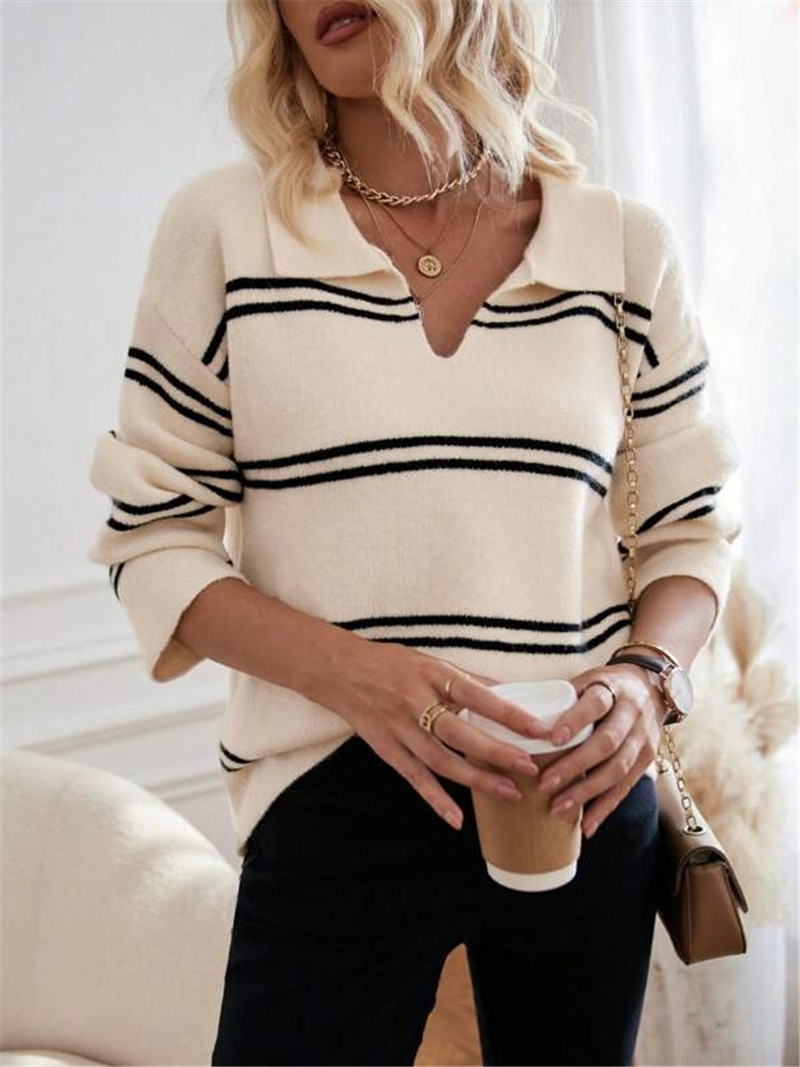 Women's Striped Polo Sweater – V-Neck, Contrast Trim, Long Sleeve (White/Black/Apricot/Red, S-L)_ecoleips.com