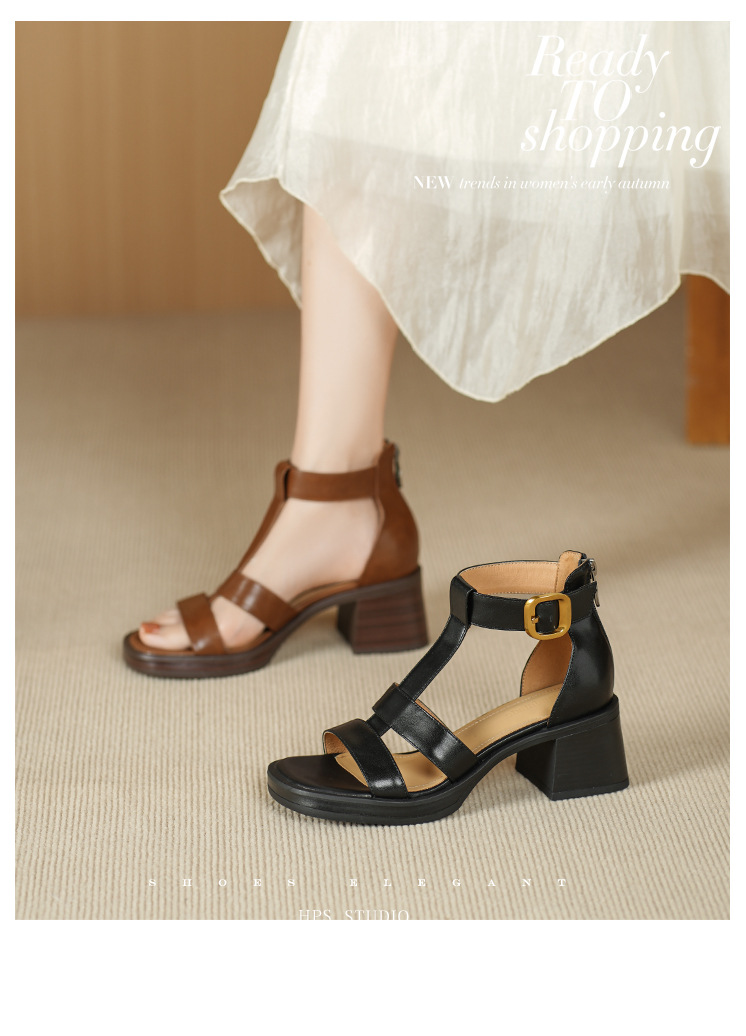 Sandal nữ cao gót 6 cm mũi hở quai chữ T khóa hậu — nâu chi tiết 1