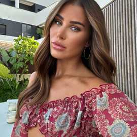 25欧美气质波西米亚木耳边长袖露腰大摆A字裹胸性感露肩裙套装