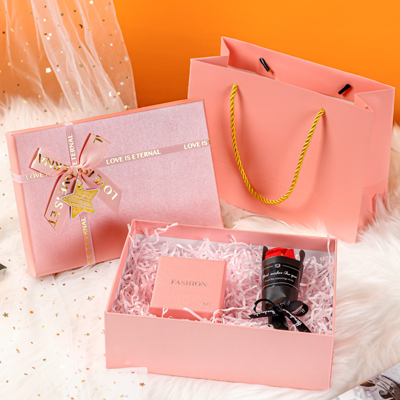 Fuchsia gift box with bow, perfume, scarf, lipstick, (Physicals) 2