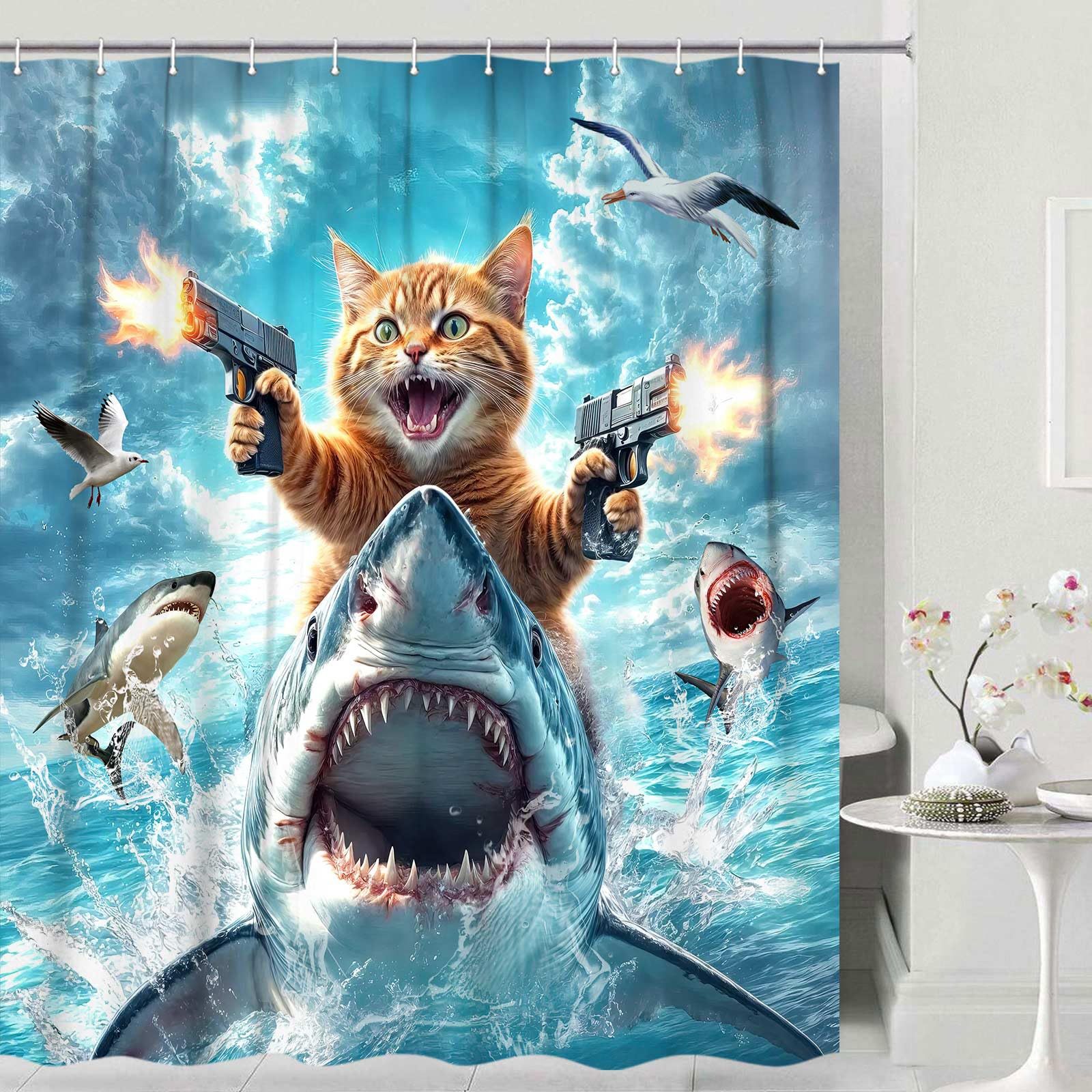 Cross-Border Shower Curtain Cat Riding Shark Battle Shower Curtain Digital Printing Bathroom Toilet Waterproof and Mildew-Proof Partition Curtain
