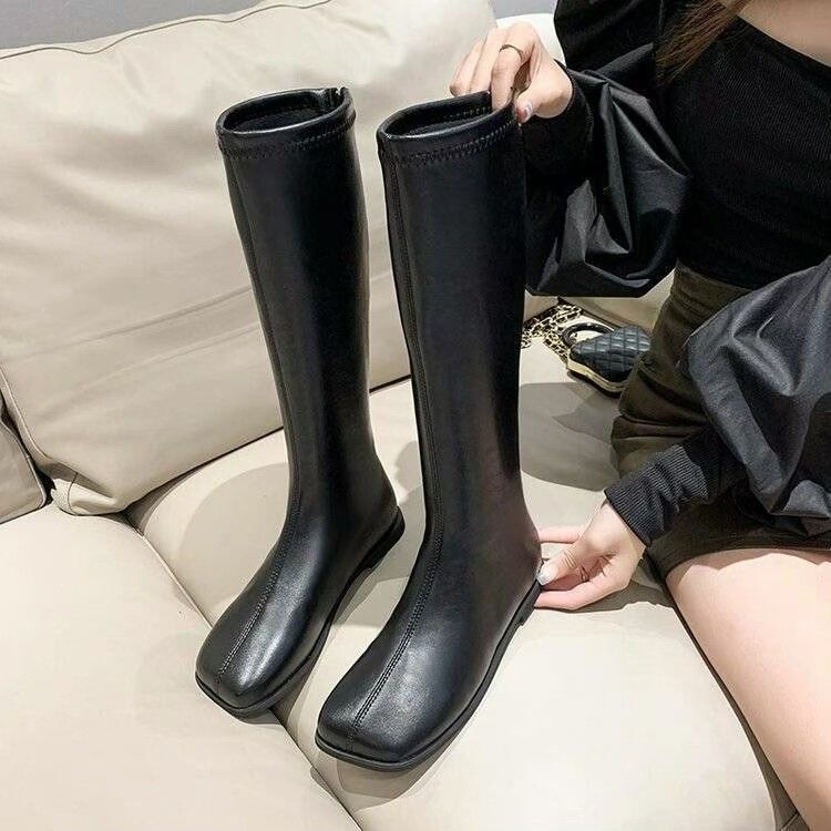 2026 Autumn/Winter New Square-Toe Retro Flat Elastic High-Tube Boots British Style Knight Boots for Women Trendy Flat Long Boots for Women 2026 Autumn/Winter New Square-Toe Retro Flat Elastic High-Tube Boots British Style Knight Boots for Women Trendy Flat Long Boots for Women