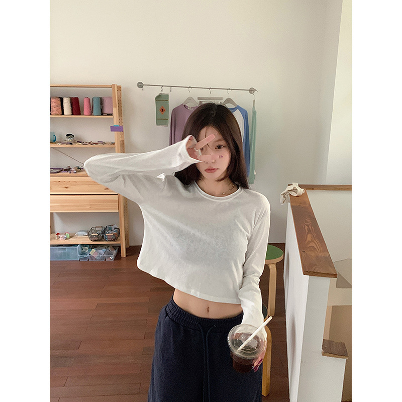Magic Queen Factory Simple Solid Color Versatile Round Neck Long Sleeve Base T-Shirt 2026 Spring Slim Fit Short Top
