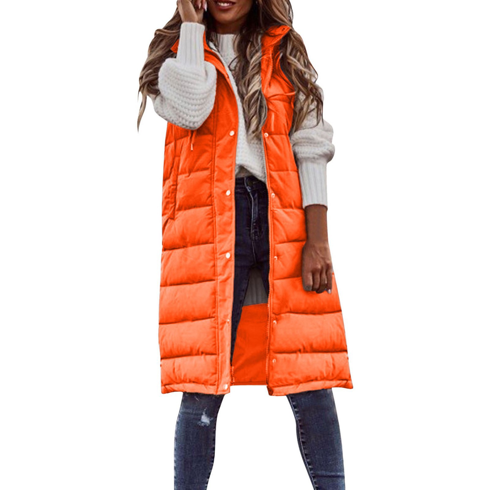 Europa y América nueva moda casual Chaqueta de algodón acolchado de color sólido con capucha chaleco Delgado elegante cardigan sin mangas abrigo de longitud media para las mujeres image 18