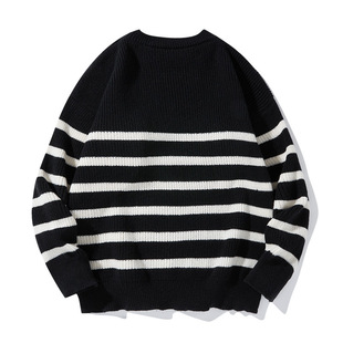 Winter Sweater Men's fleece-lined Thickened Round Neck Striped Knit Sweater Sweater Loose Pullover Base Shirt Youth Warm