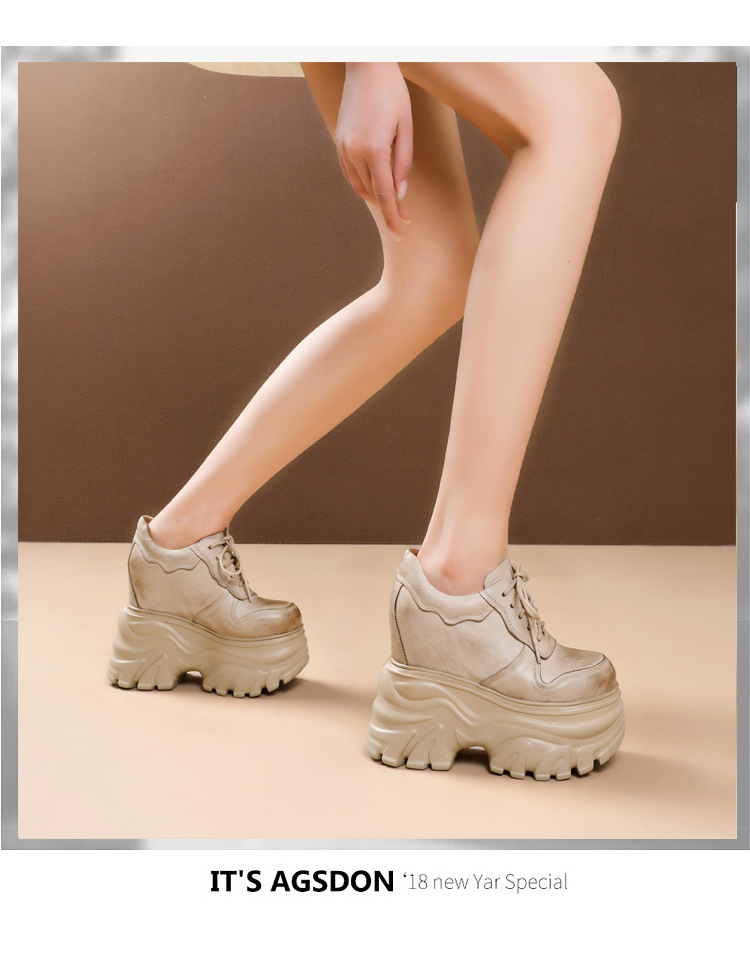 Giày thể thao nữ đế xuồng platform cao 14 cm, da thật, phong cách mới — màu nâu chi tiết 7