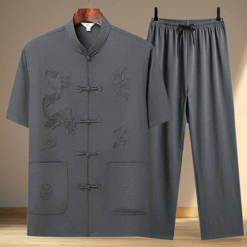 Tang Suit Men's Ice Silk Short-sleeved suit Summer Thin Chinese Style Middle-aged and Elderly Dad Suit Grandpa Elder Clothes Hanfu